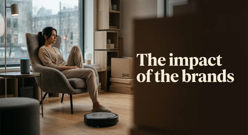 Toma fotográfica atmosférica de un interior de hogar acogedor durante el aislamiento, con una persona relajada en un sillón de diseño Ikea, un altavoz Alexa brillando y un iRobot Roomba en el suelo, con el mundo exterior borroso.