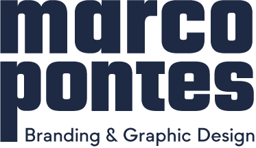 Logotipo de Marco Pontes Branding & Graphic Design con tipografía azul marino sobre fondo crema.
