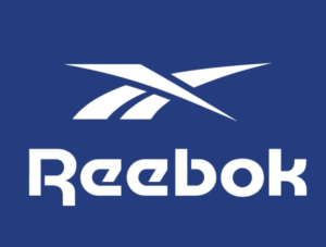 Logo de Reebok blanco con el símbolo Vector sobre un fondo azul sólido.